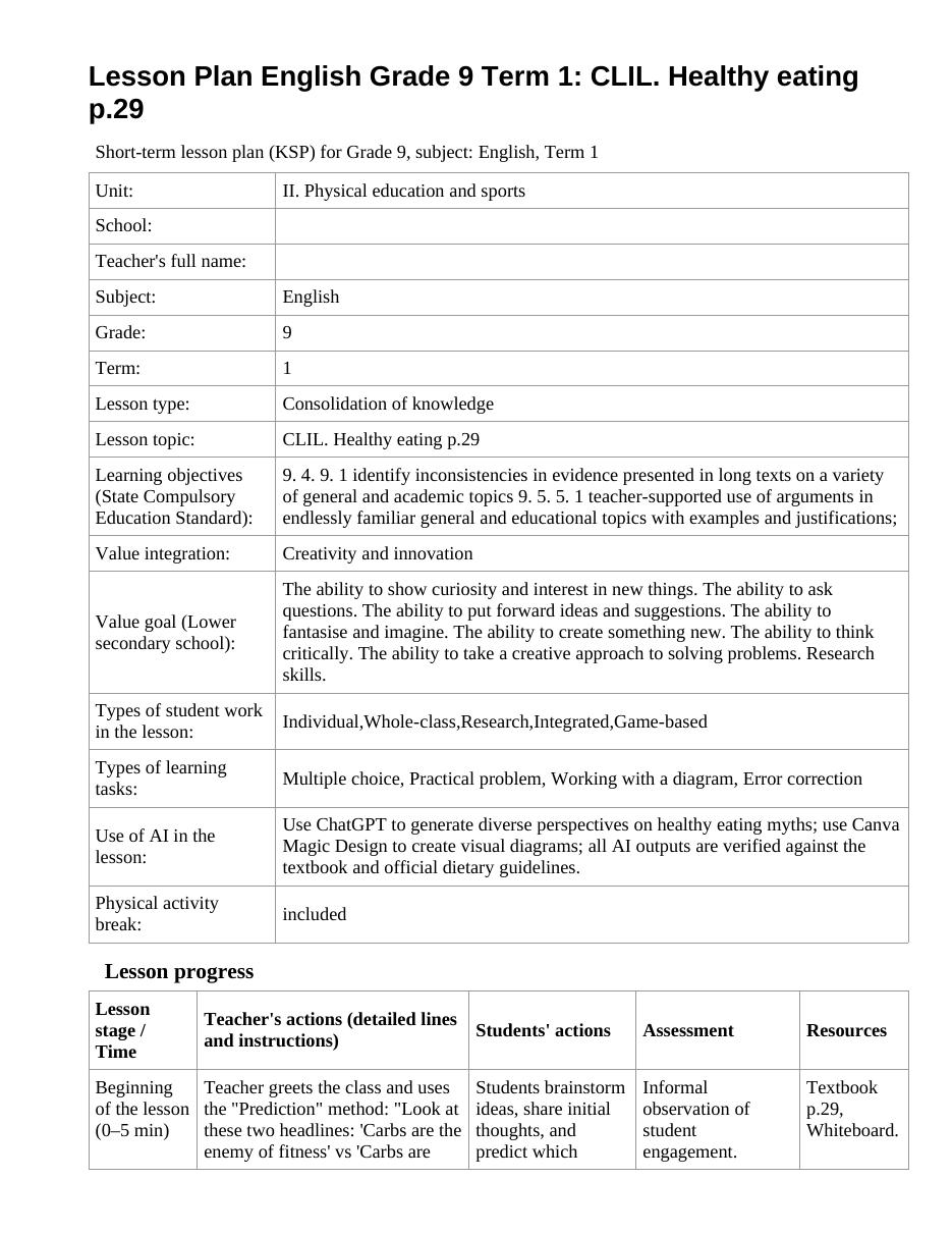 Lesson Plan English Grade 9 Term 1: CLIL. Healthy eating p.29