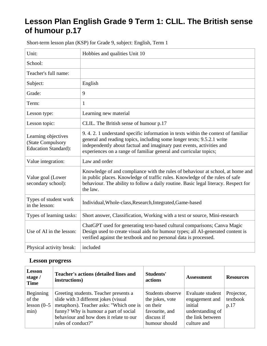 Lesson Plan English Grade 9 Term 1: CLIL. The British sense of humour p.17