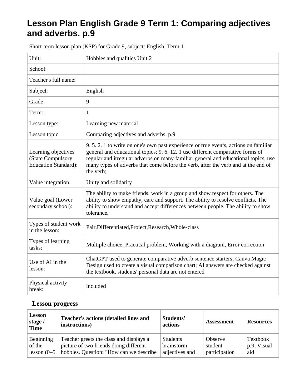 Lesson Plan English Grade 9 Term 1: Comparing adjectives and adverbs. p.9