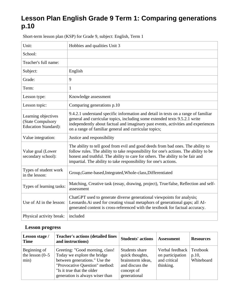 Lesson Plan English Grade 9 Term 1: Comparing generations p.10