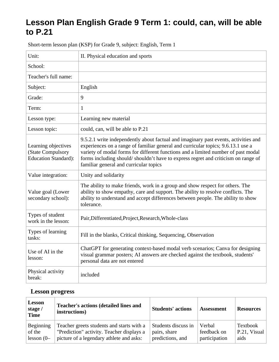 Lesson Plan English Grade 9 Term 1: could, can, will be able to P.21