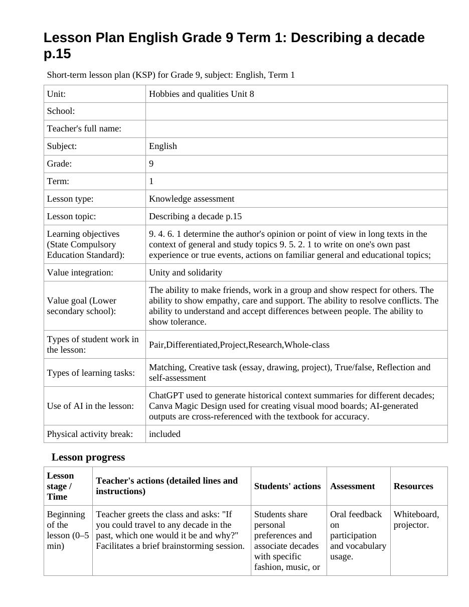 Lesson Plan English Grade 9 Term 1: Describing a decade p.15