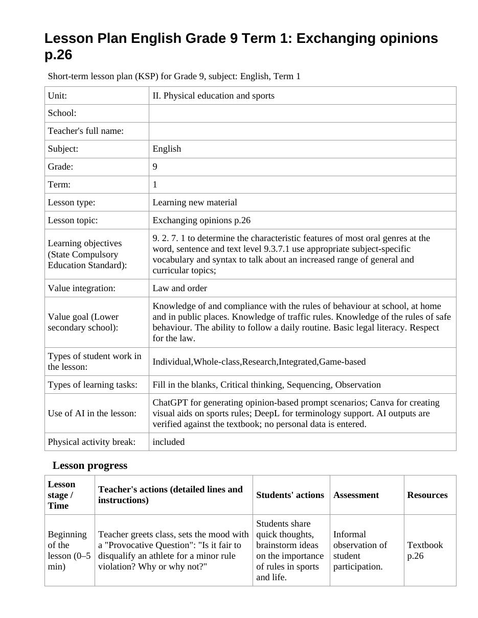 Lesson Plan English Grade 9 Term 1: Exchanging opinions p.26