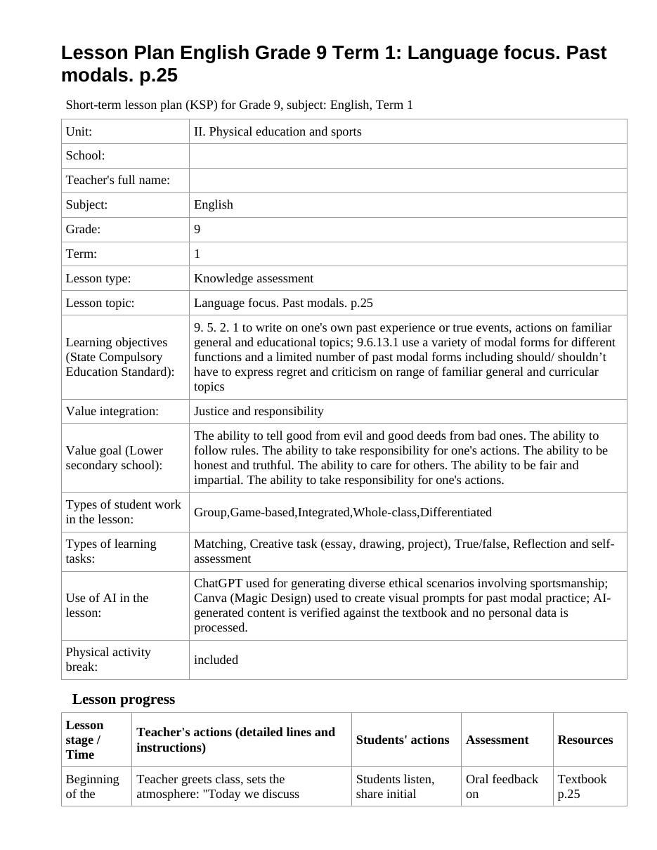 Lesson Plan English Grade 9 Term 1: Language focus. Past modals. p.25