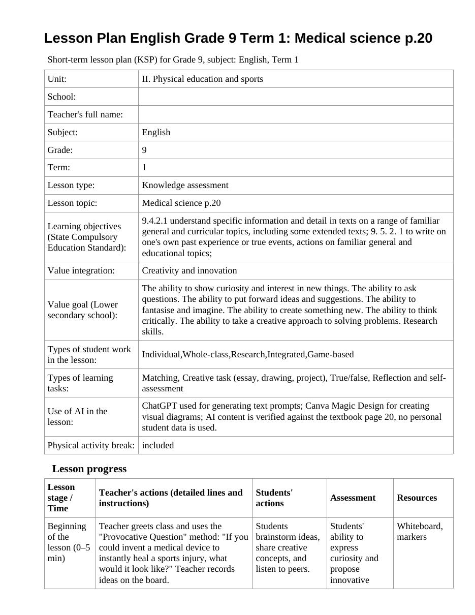 Lesson Plan English Grade 9 Term 1: Medical science p.20