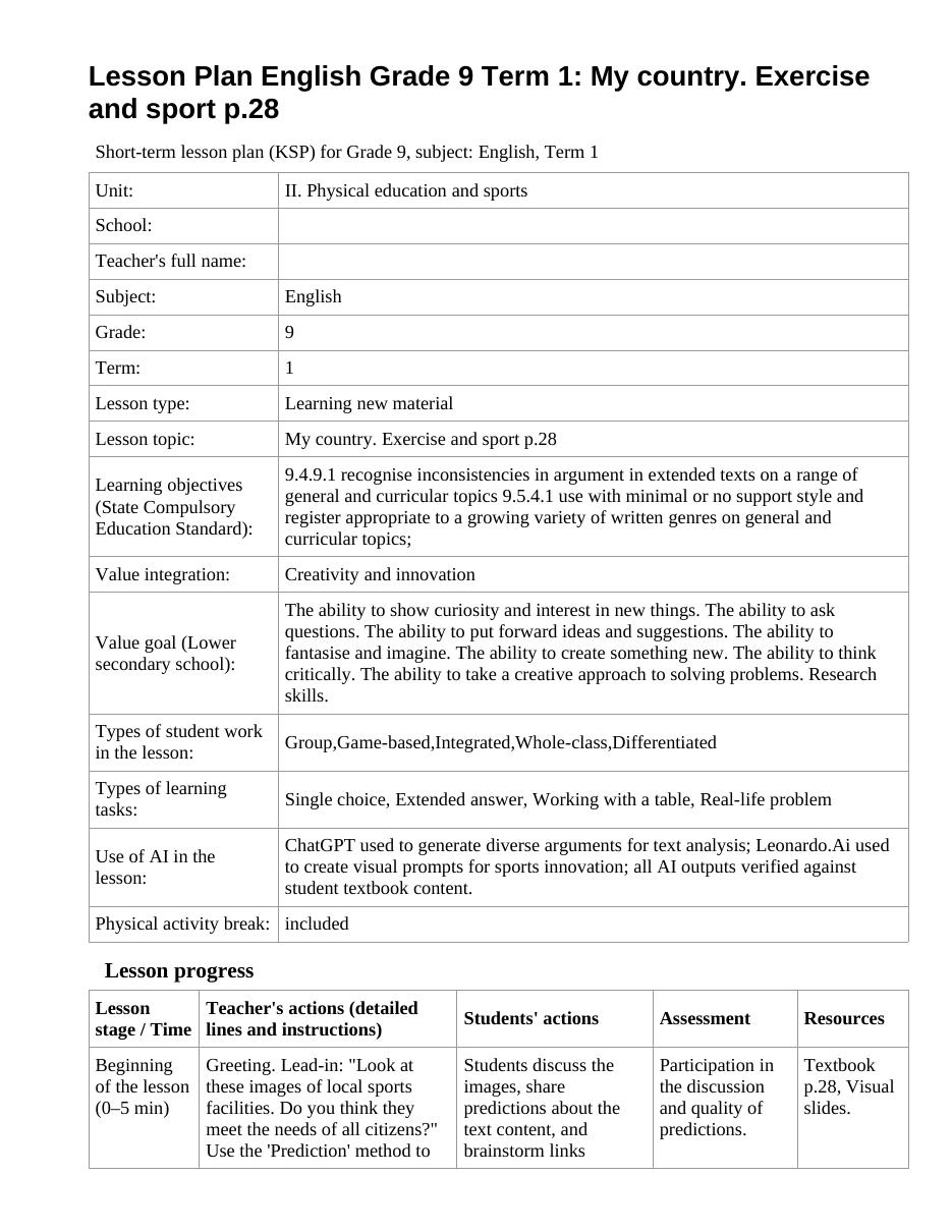 Lesson Plan English Grade 9 Term 1: My country. Exercise and sport p.28