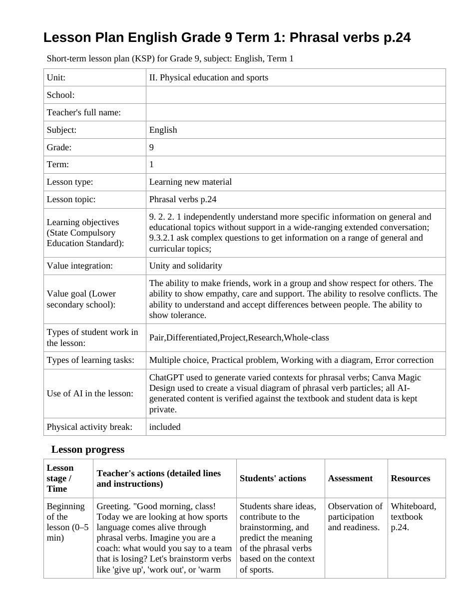 Lesson Plan English Grade 9 Term 1: Phrasal verbs p.24