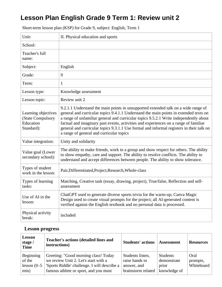 Lesson Plan English Grade 9 Term 1: Review unit 2