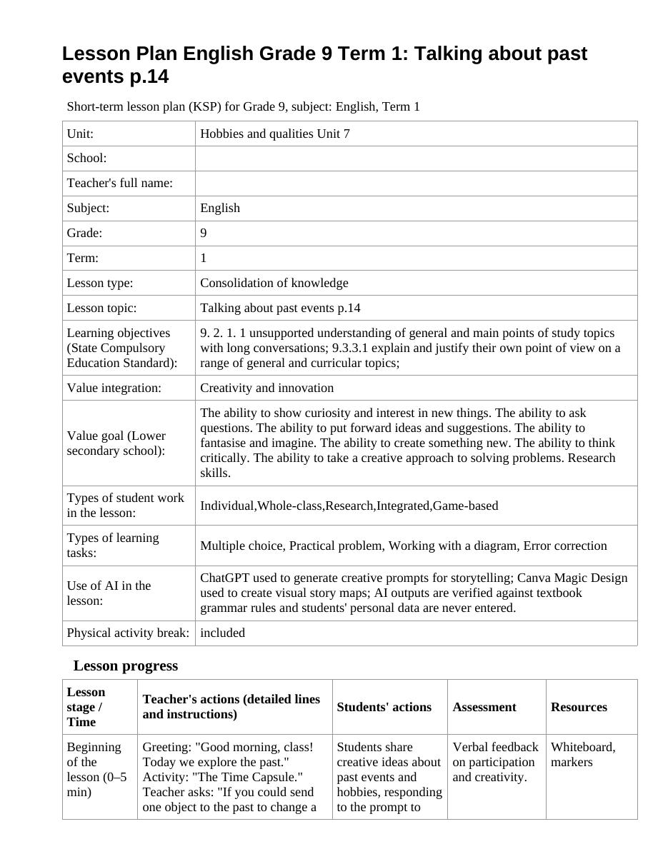 Lesson Plan English Grade 9 Term 1: Talking about past events p.14