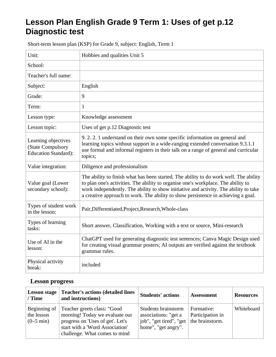 Lesson Plan English Grade 9 Term 1: Uses of get p.12 Diagnostic test