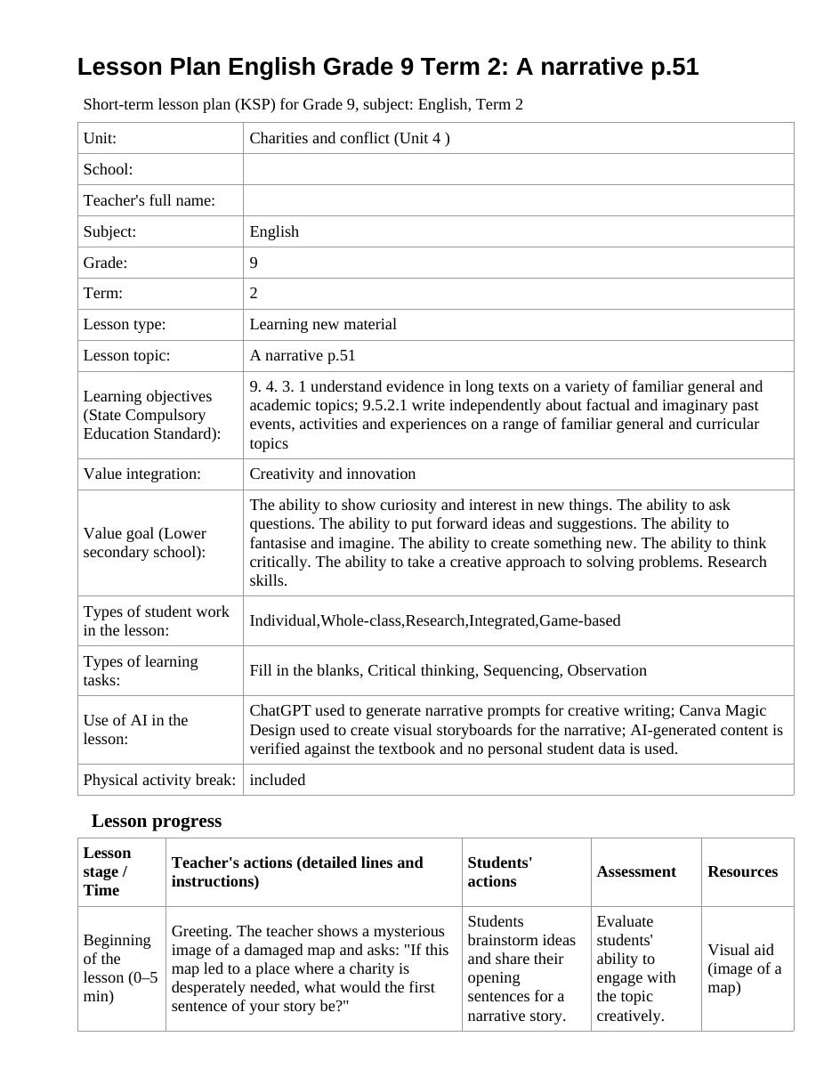 Lesson Plan English Grade 9 Term 2: A narrative p.51 (lesson 2)