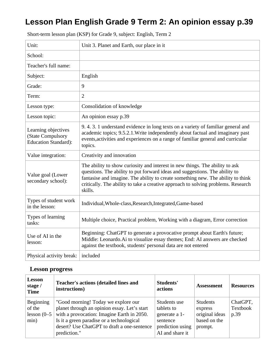 Lesson Plan English Grade 9 Term 2: An opinion essay p.39
