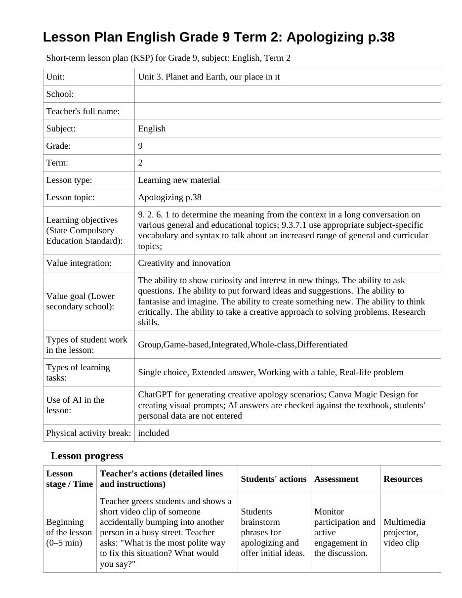 Lesson Plan English Grade 9 Term 2: Apologizing p.38 (lesson 1)