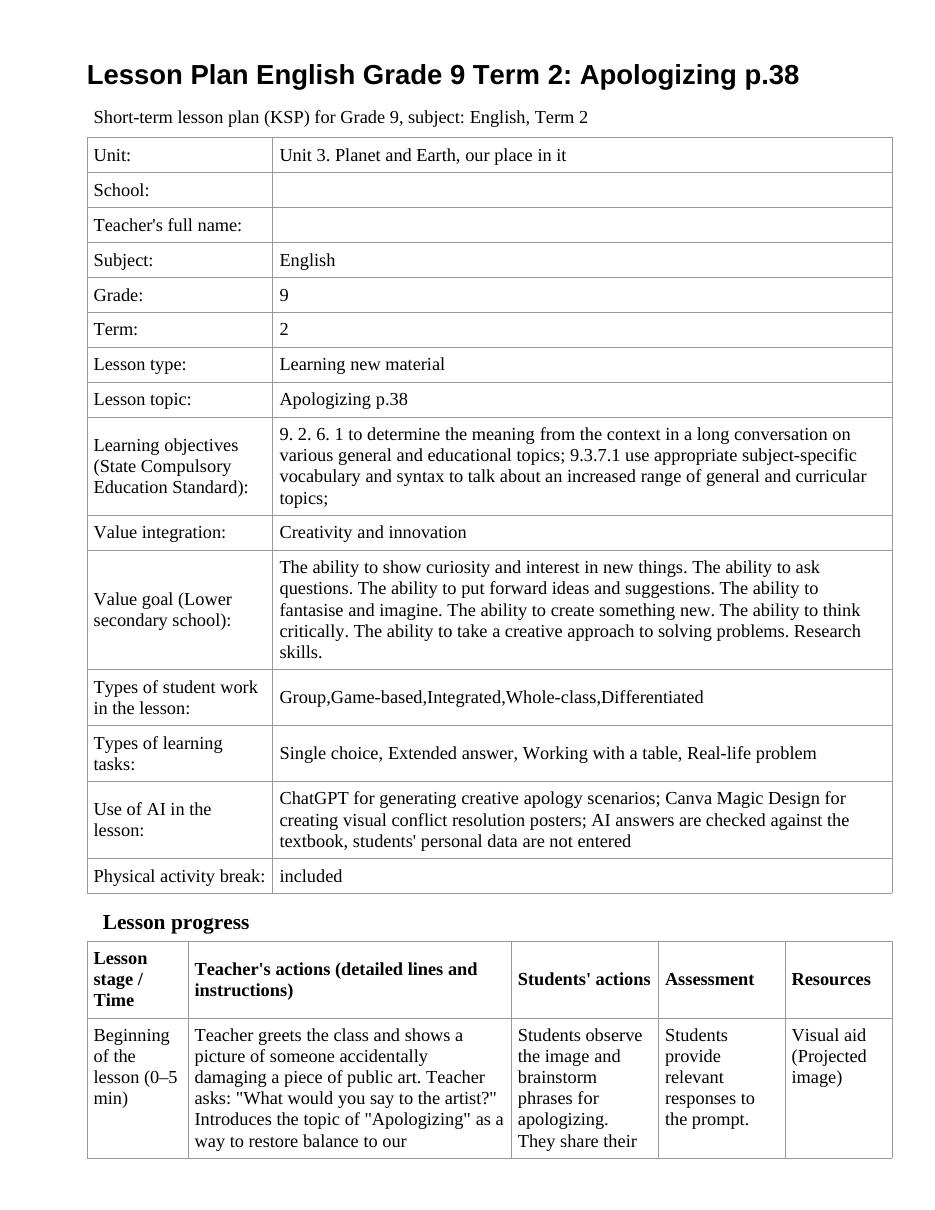 Lesson Plan English Grade 9 Term 2: Apologizing p.38 (lesson 2)