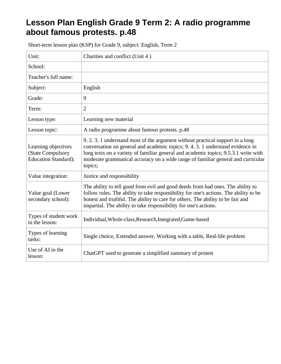 Lesson Plan English Grade 9 Term 2: A radio programme about famous protests. p.48 (lesson 1)