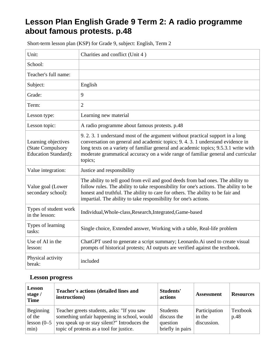 Lesson Plan English Grade 9 Term 2: A radio programme about famous protests. p.48 (lesson 2)