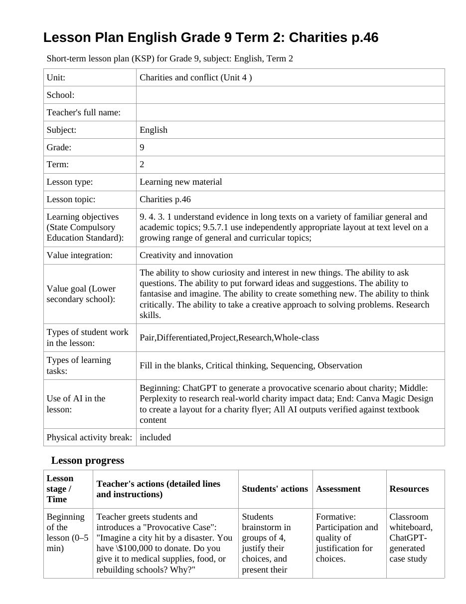 Lesson Plan English Grade 9 Term 2: Charities p.46 (lesson 1)