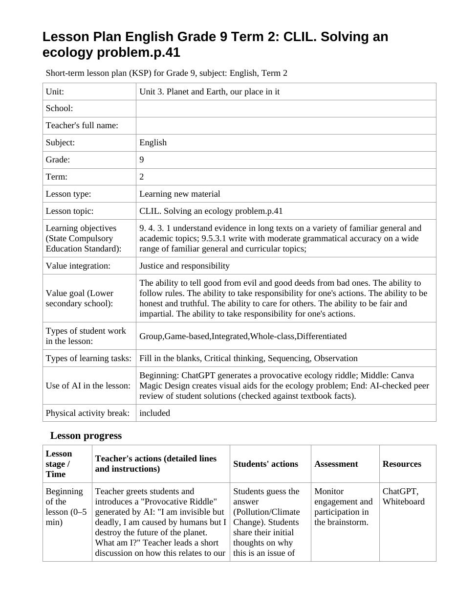 Lesson Plan English Grade 9 Term 2: CLIL. Solving an ecology problem.p.41 (lesson 1)