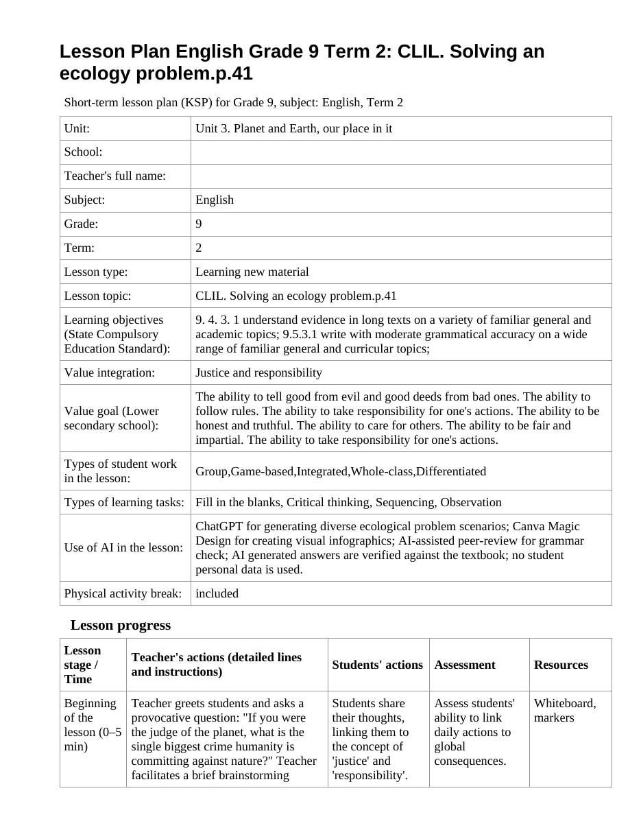 Lesson Plan English Grade 9 Term 2: CLIL. Solving an ecology problem.p.41 (lesson 2)