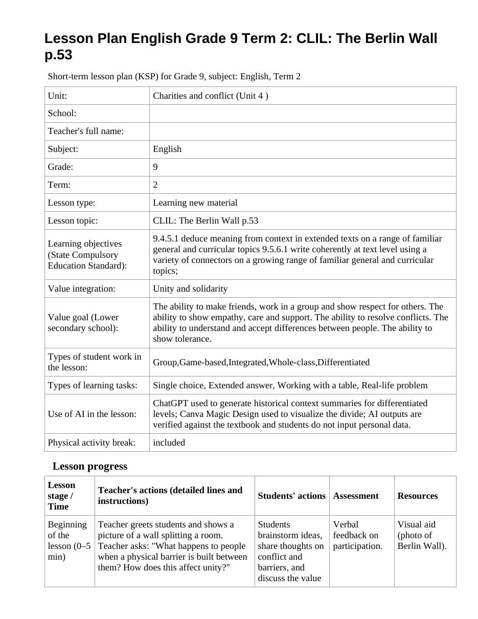Lesson Plan English Grade 9 Term 2: CLIL: The Berlin Wall p.53 (lesson 1)