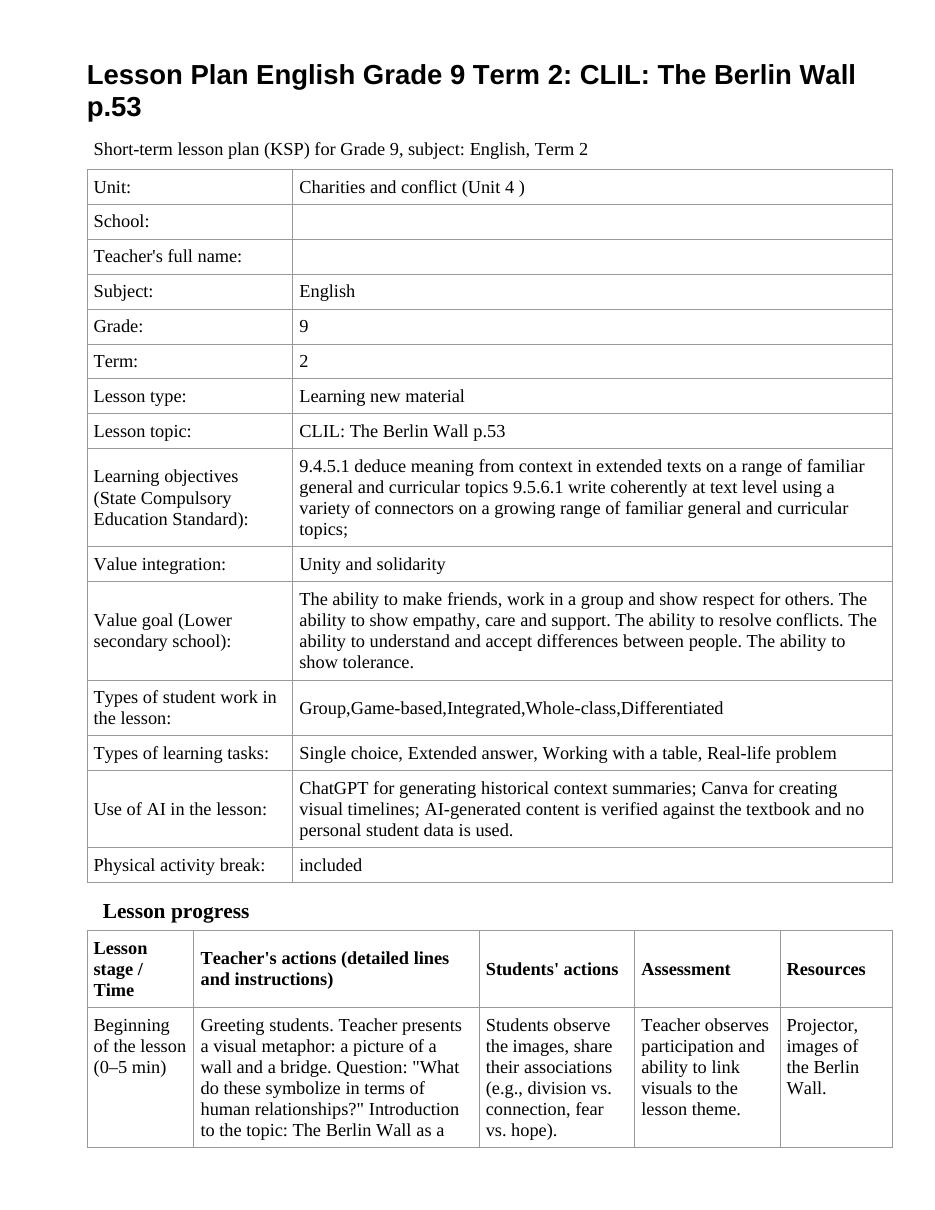 Lesson Plan English Grade 9 Term 2: CLIL: The Berlin Wall p.53 (lesson 2)