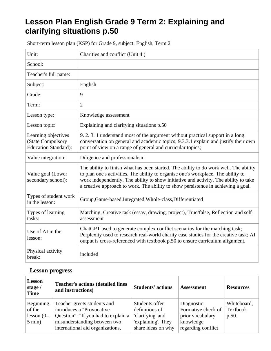 Lesson Plan English Grade 9 Term 2: Explaining and clarifying situations p.50 (lesson 1)