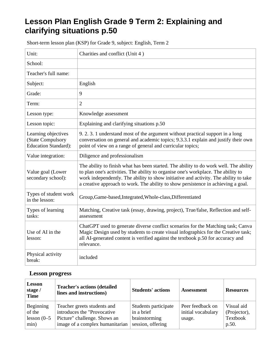 Lesson Plan English Grade 9 Term 2: Explaining and clarifying situations p.50 (lesson 2)