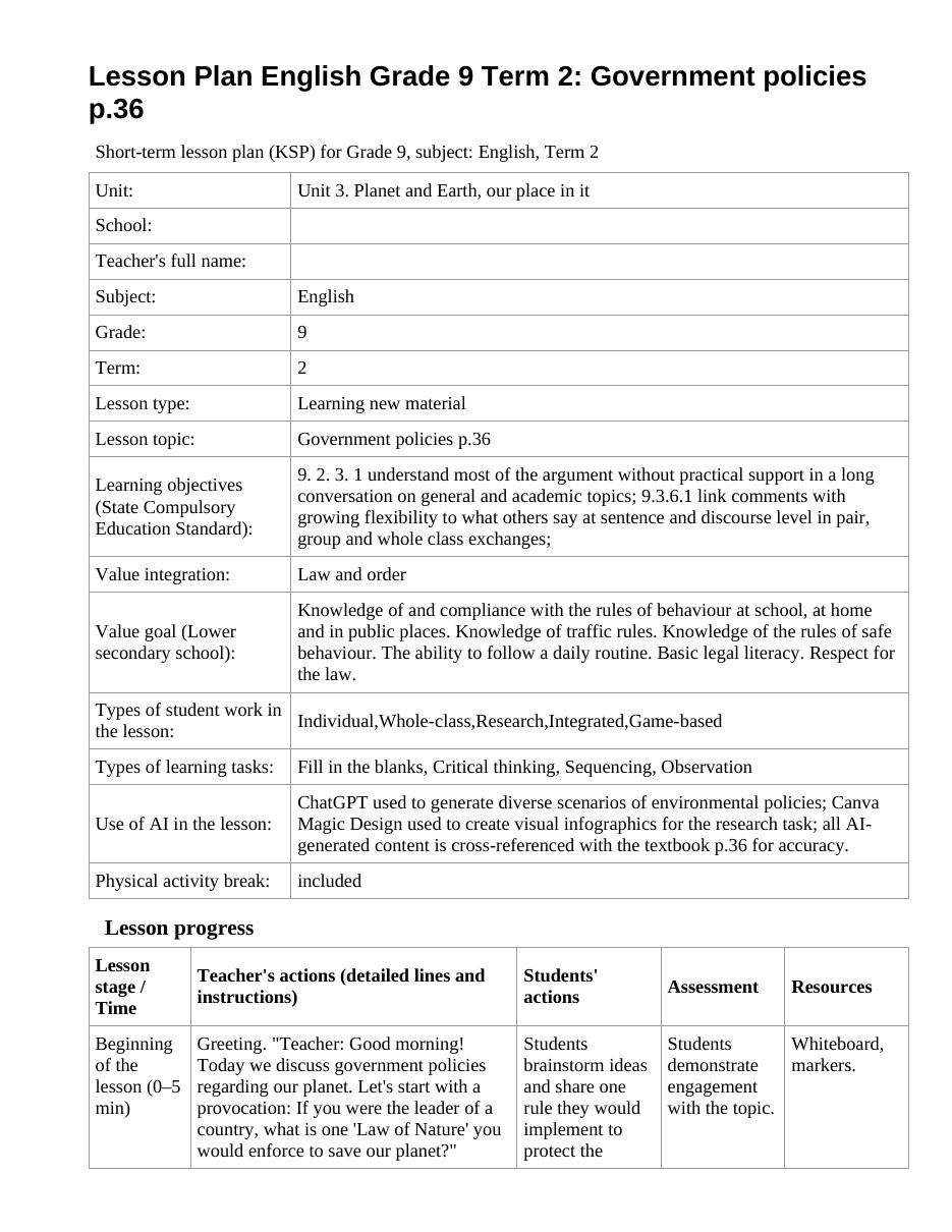 Lesson Plan English Grade 9 Term 2: Government policies p.36 (lesson 1)