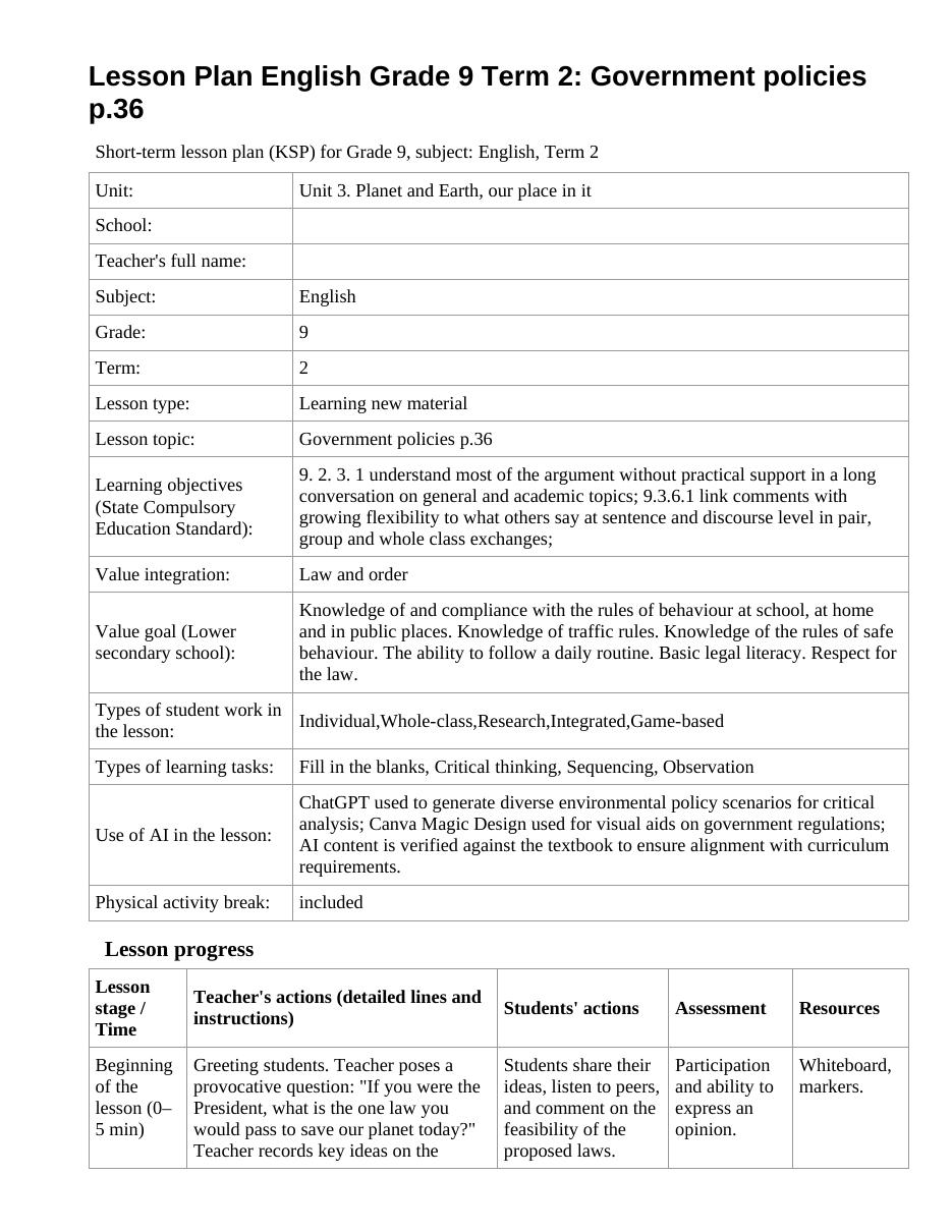 Lesson Plan English Grade 9 Term 2: Government policies p.36 (lesson 2)