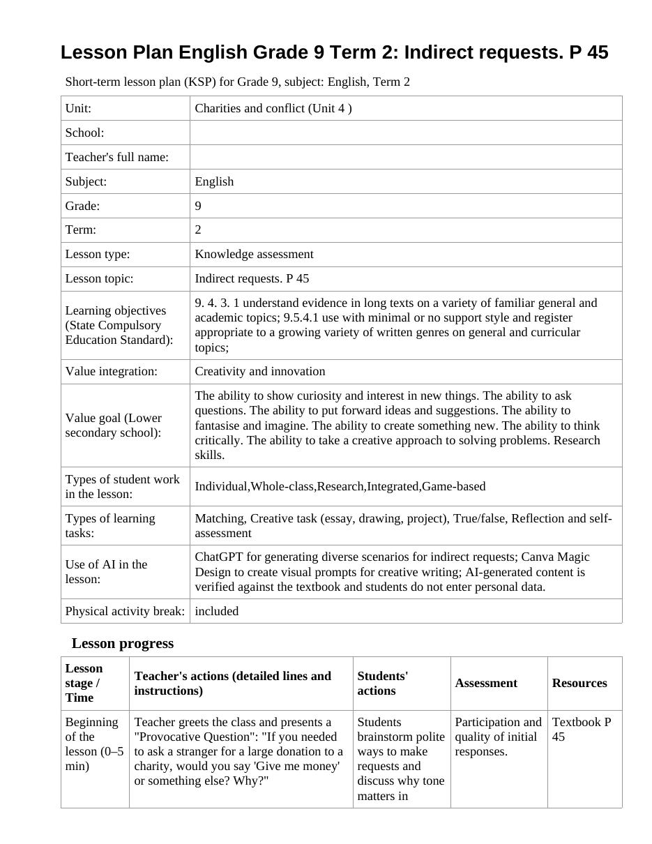 Lesson Plan English Grade 9 Term 2: Indirect requests. P 45 (lesson 1)