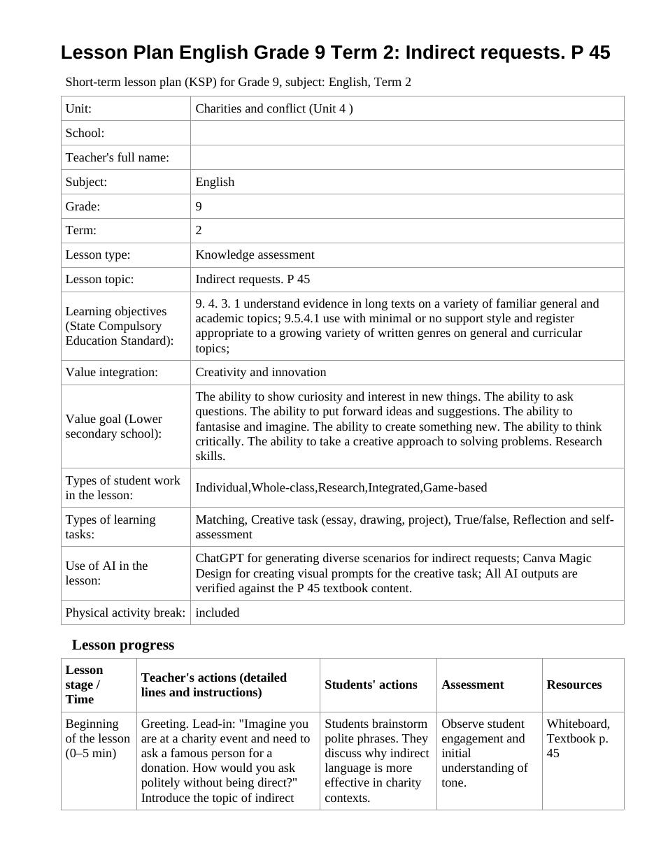 Lesson Plan English Grade 9 Term 2: Indirect requests. P 45 (lesson 2)