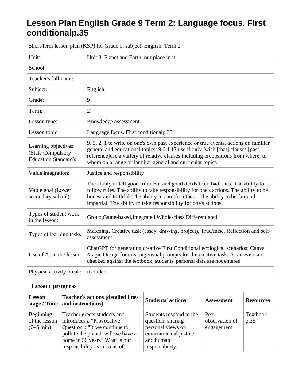 Lesson Plan English Grade 9 Term 2: Language focus. First conditionalp.35 (lesson 1)
