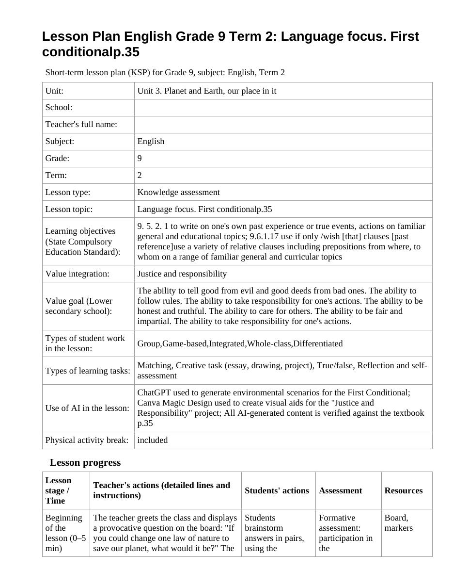Lesson Plan English Grade 9 Term 2: Language focus. First conditionalp.35 (lesson 2)