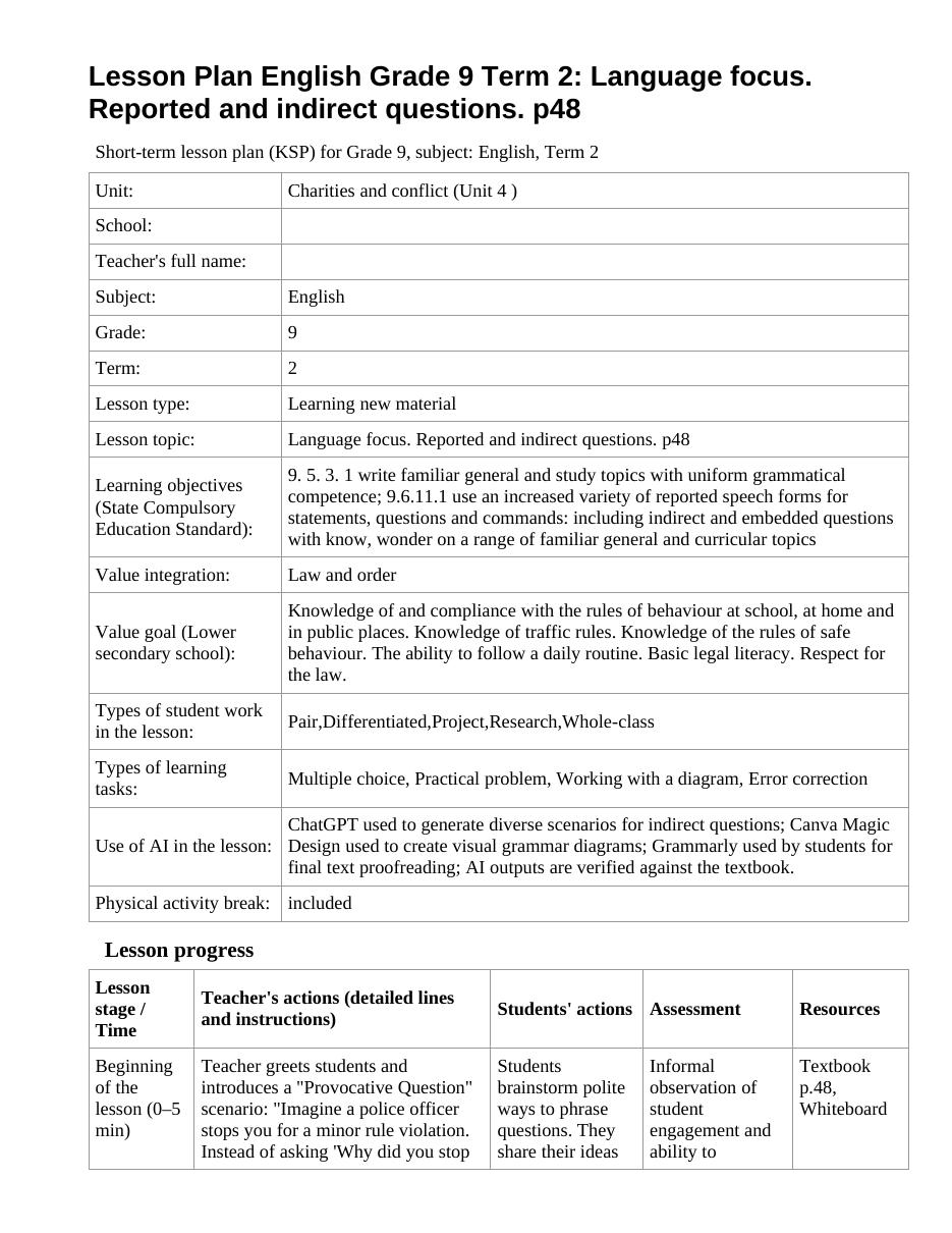 Lesson Plan English Grade 9 Term 2: Language focus. Reported and indirect questions. p48 (lesson 1)