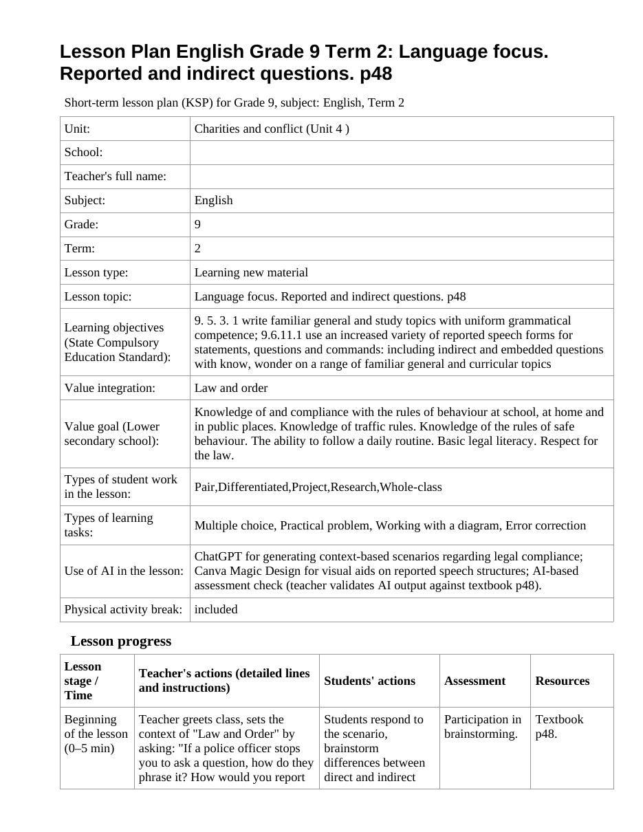 Lesson Plan English Grade 9 Term 2: Language focus. Reported and indirect questions. p48 (lesson 2)