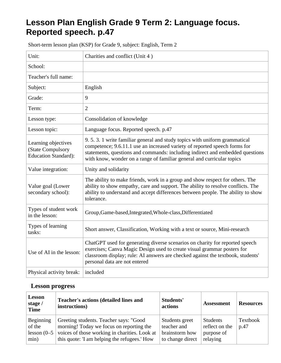 Lesson Plan English Grade 9 Term 2: Language focus. Reported speech. p.47 (lesson 1)