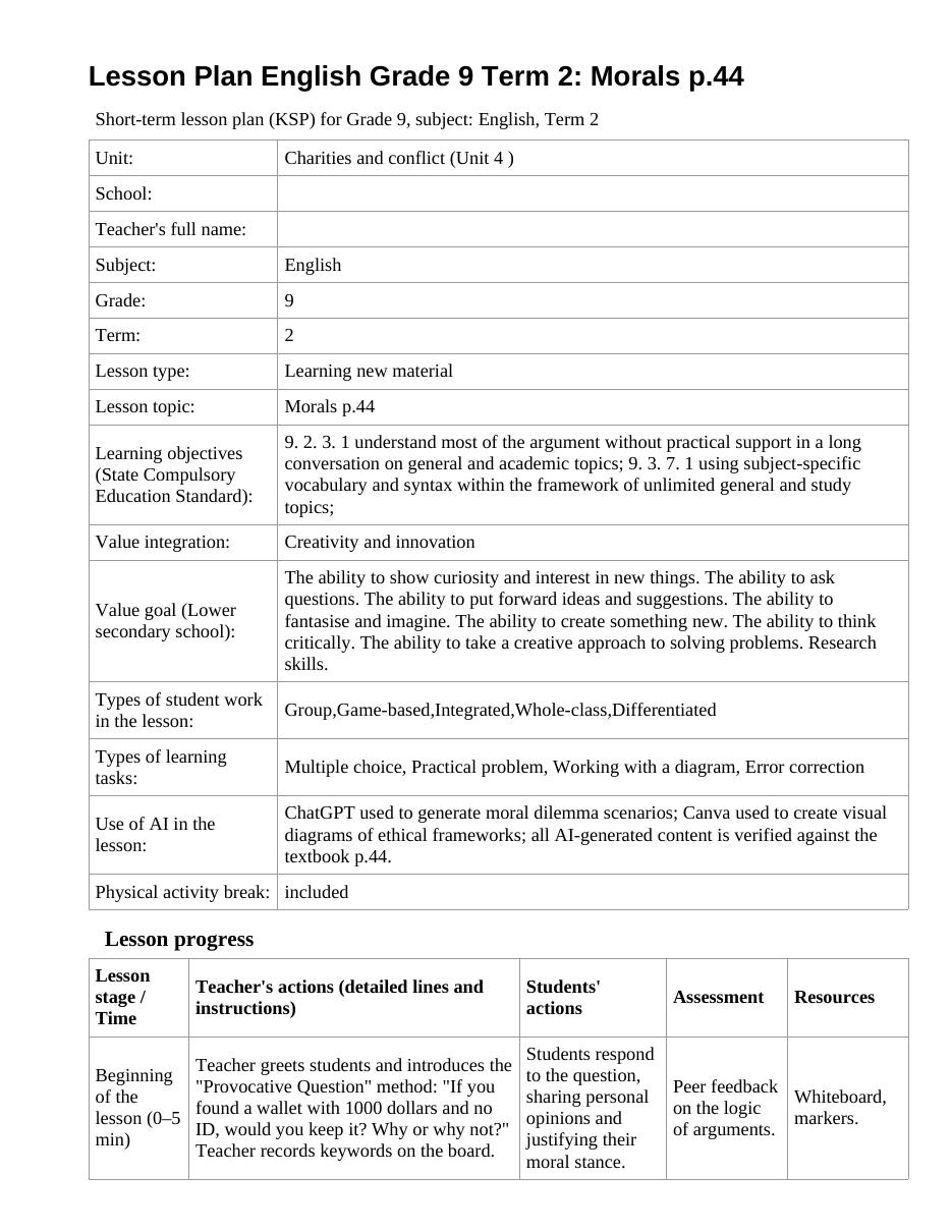 Lesson Plan English Grade 9 Term 2: Morals p.44 (lesson 1)