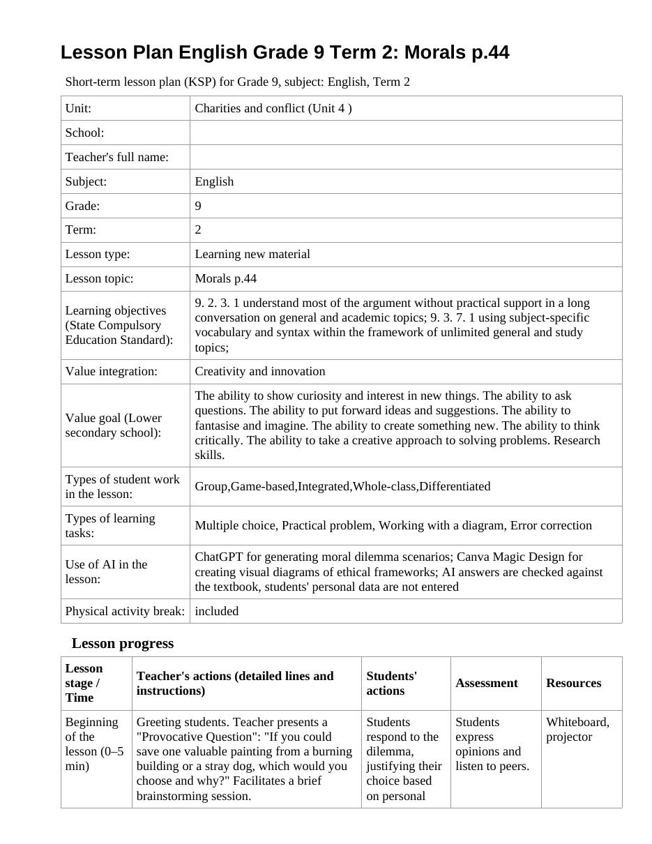 Lesson Plan English Grade 9 Term 2: Morals p.44 (lesson 2)