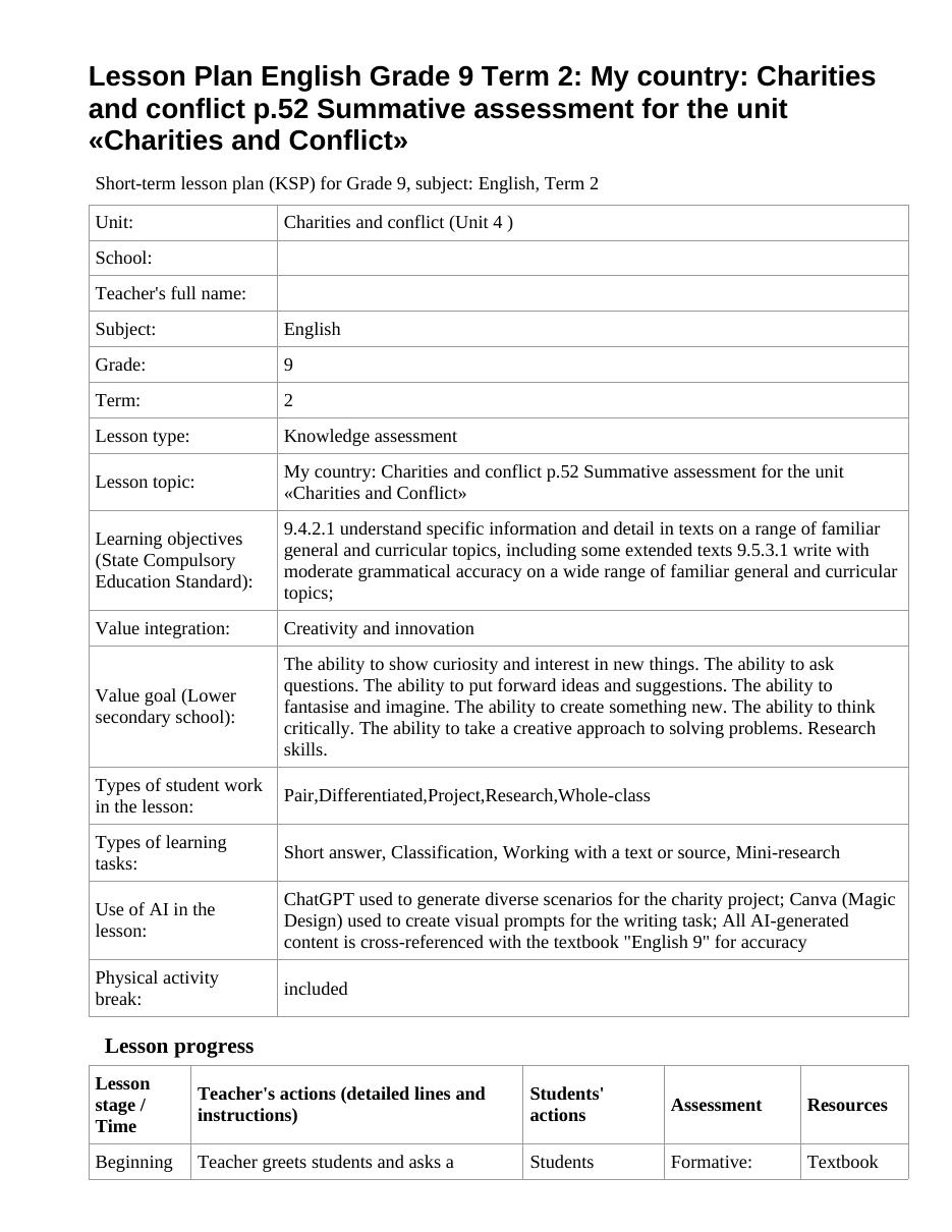 Lesson Plan English Grade 9 Term 2: My country: Charities and conflict p.52 Summative assessment for the unit «Charities and Conflict» (lesson 1)