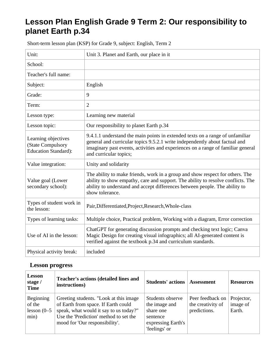 Lesson Plan English Grade 9 Term 2: Our responsibility to planet Earth p.34 (lesson 2)