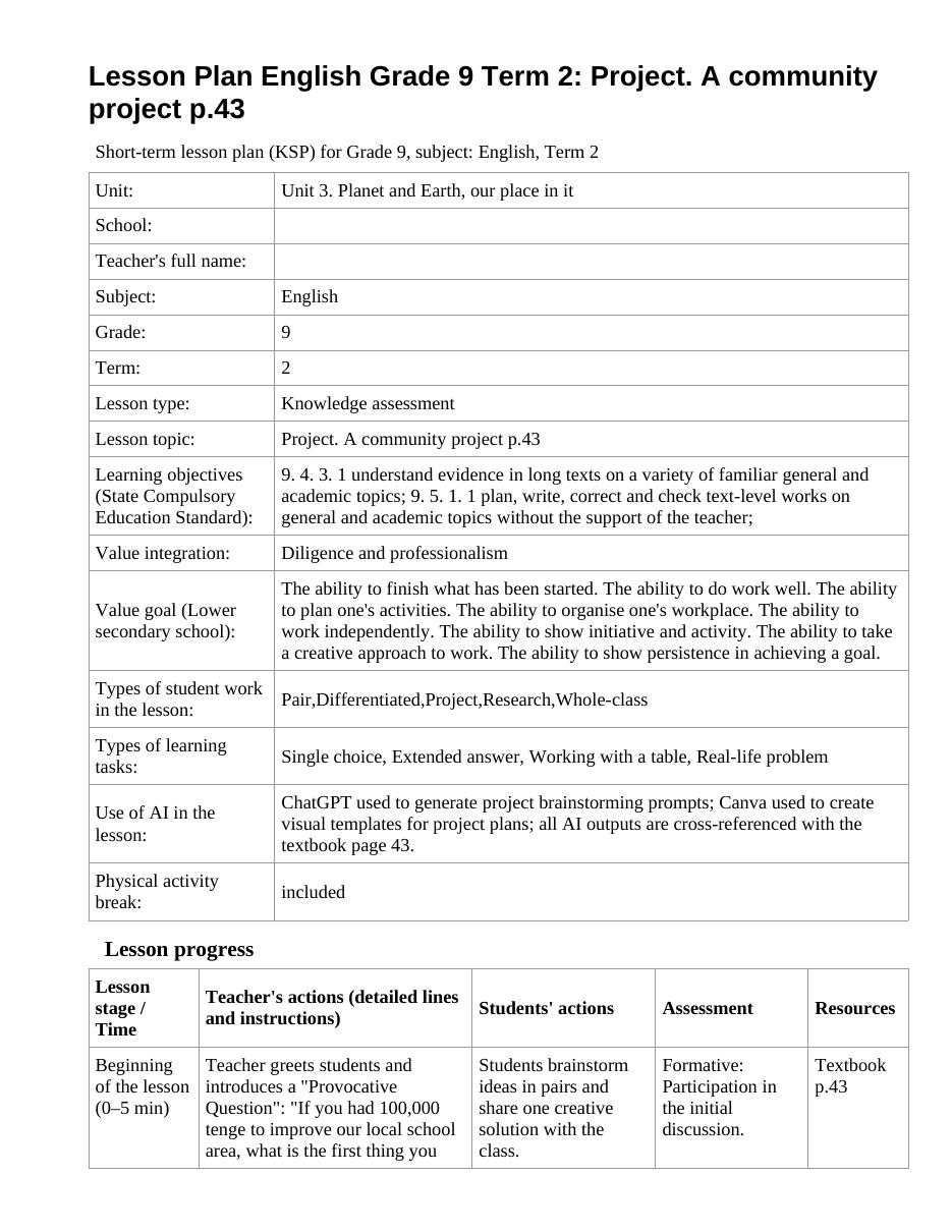 Lesson Plan English Grade 9 Term 2: Project. A community project p.43 (lesson 1)