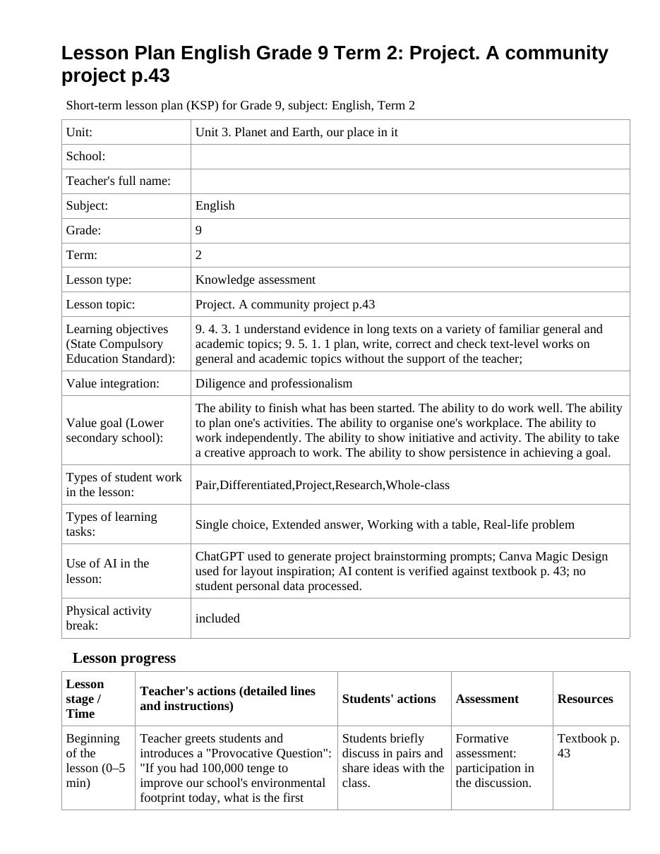 Lesson Plan English Grade 9 Term 2: Project. A community project p.43 (lesson 2)
