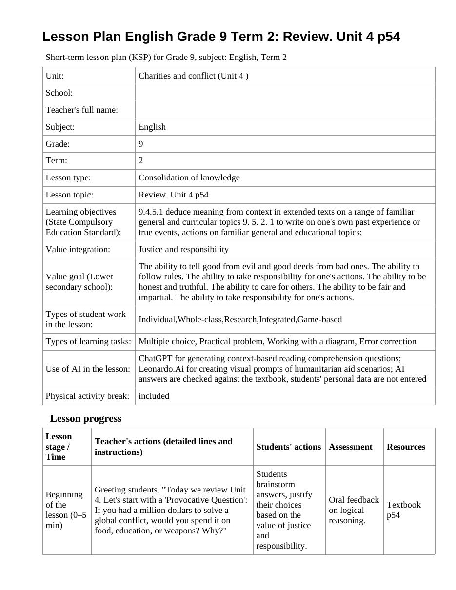 Lesson Plan English Grade 9 Term 2: Review. Unit 4 p54 (lesson 1)