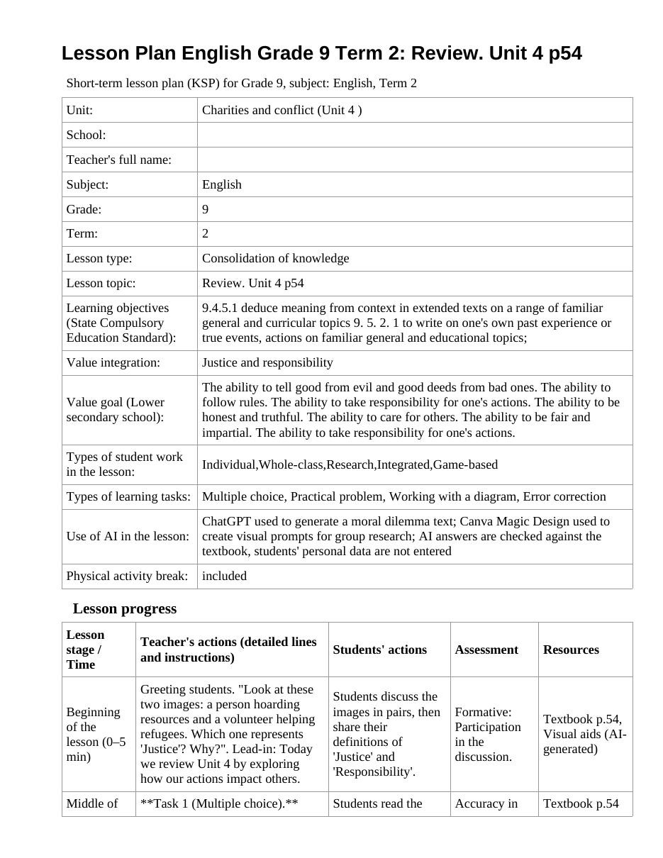Lesson Plan English Grade 9 Term 2: Review. Unit 4 p54 (lesson 2)