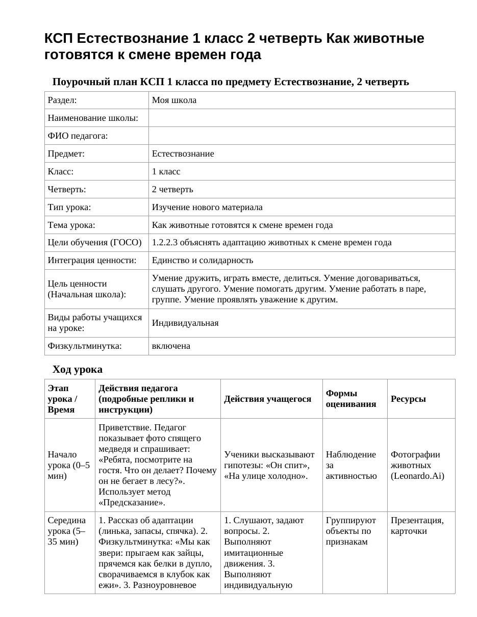 КСП Естествознание 1 класс 2 четверть Как животные готовятся к смене времен года