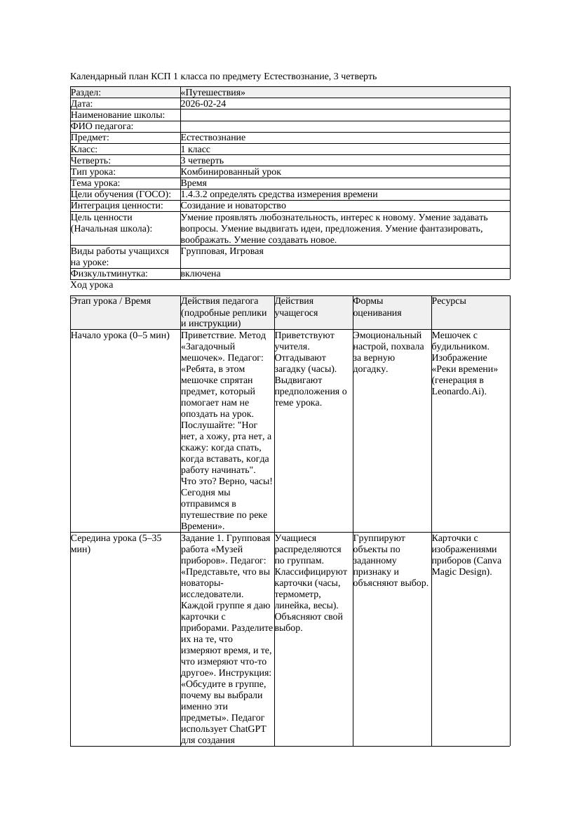 КСП Естествознание 1класс 3 четверть Время 20260224 docx 1