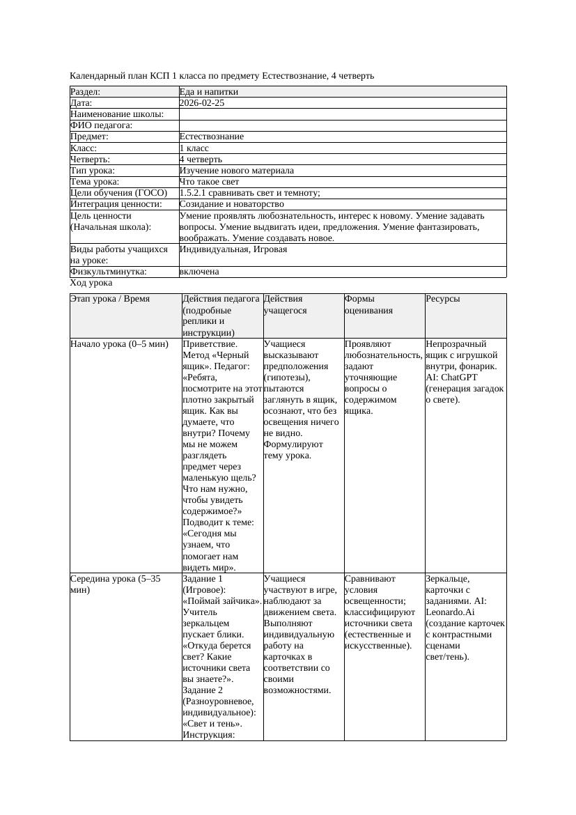 КСП Естествознание 1класс 4 четверть Что такое свет 20260224 docx