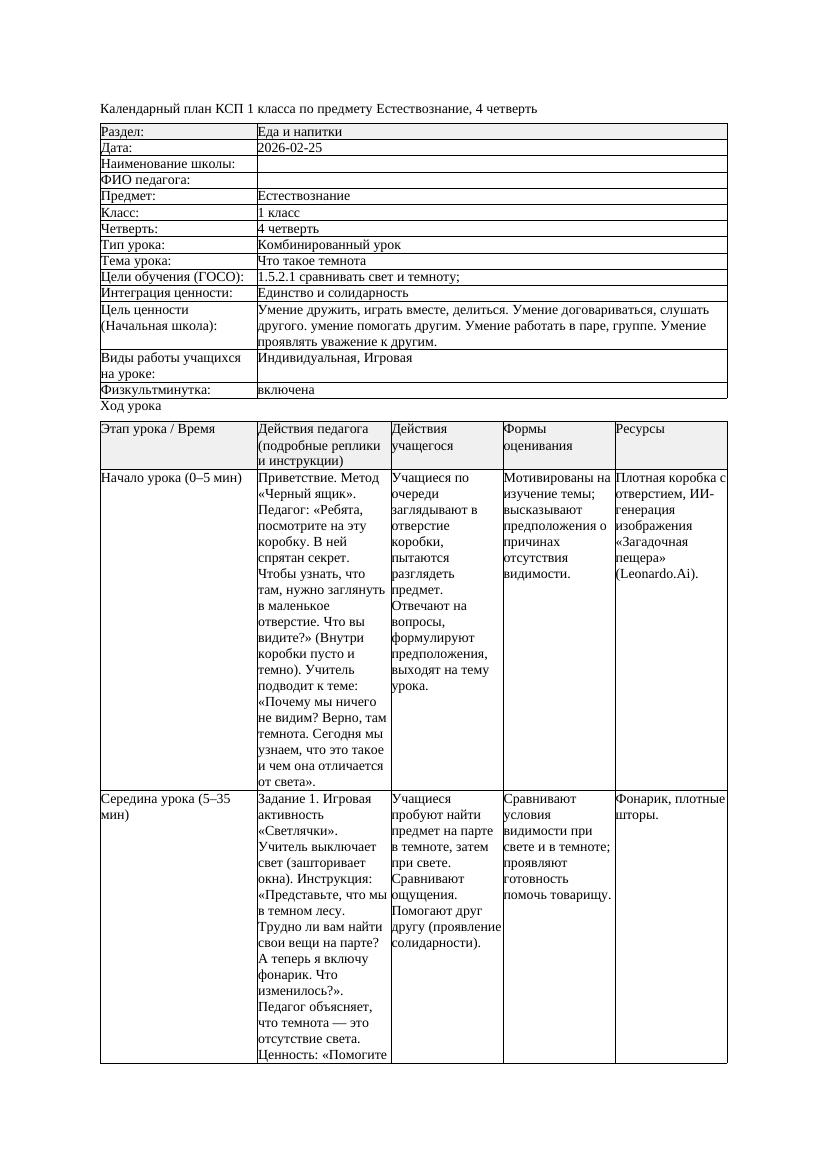 КСП Естествознание 1класс 4 четверть Что такое темнота 20260224