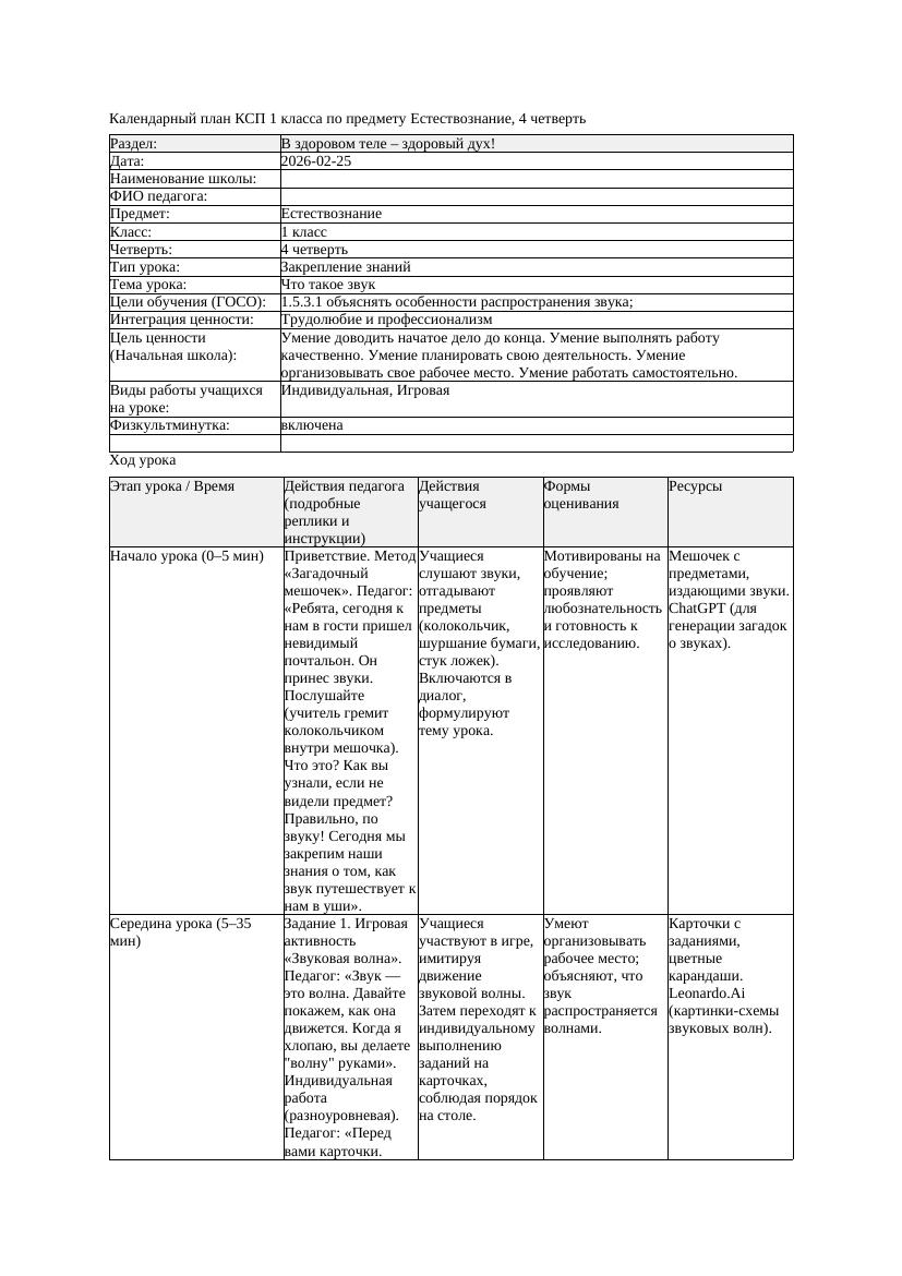 КСП Естествознание 1класс 4 четверть Что такое звук 20260224 docx