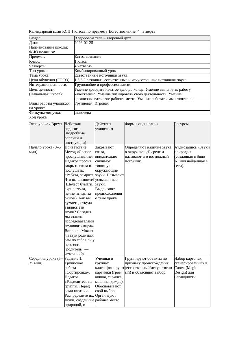 КСП Естествознание 1класс 4 четверть Естественные источники звука
